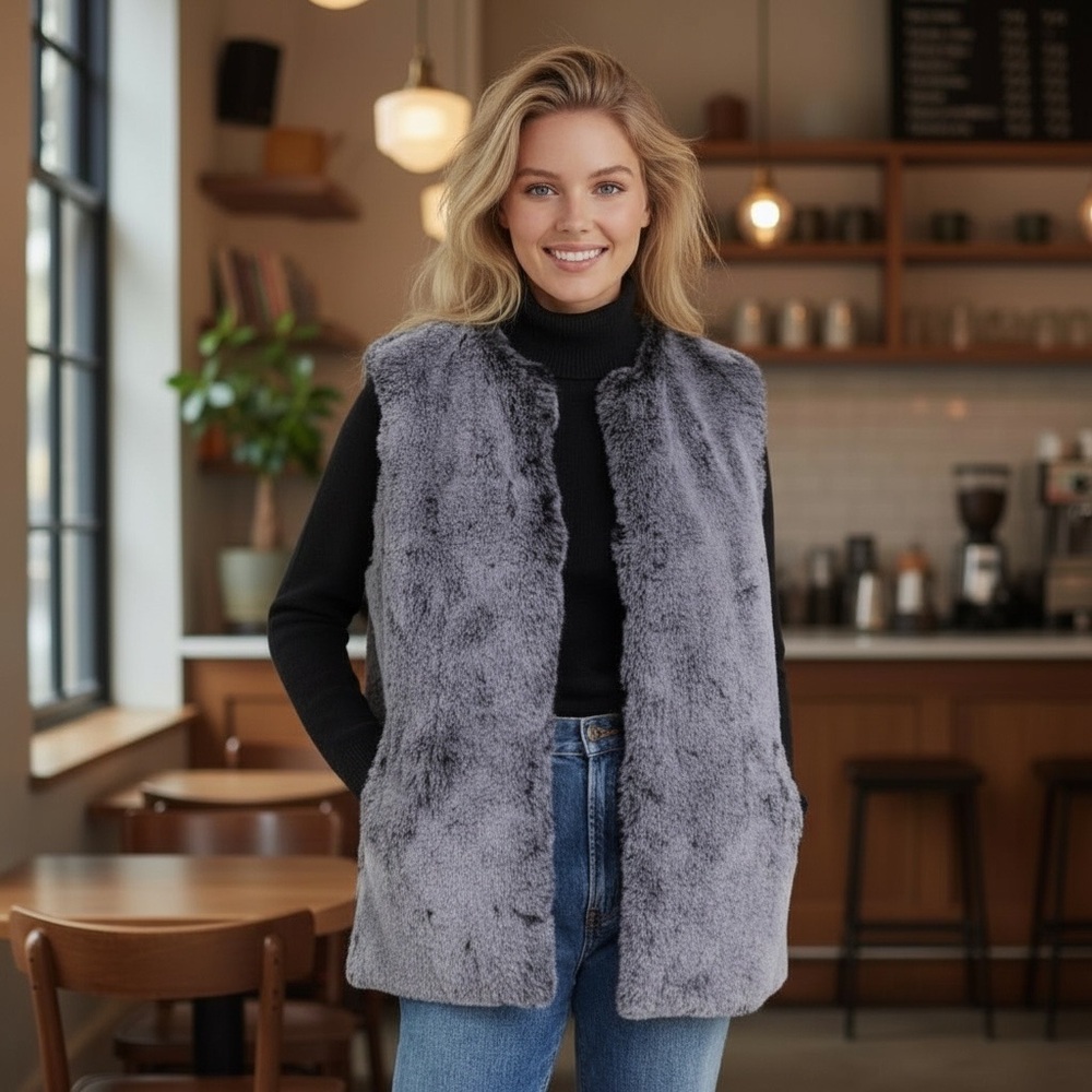 NWT Surell Rex Rabbit Faux Fur Vest in Black Forest Gift Luxe Cozy Chic